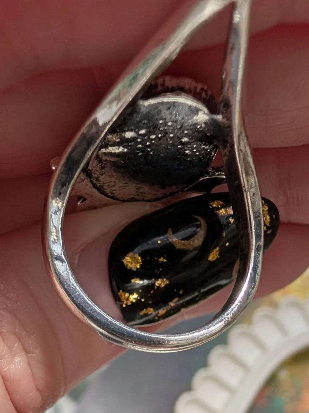Retro Celestial Silver Tone Ring w/ Faux Onyx, Rhinestone & Moon Details, Size 7
